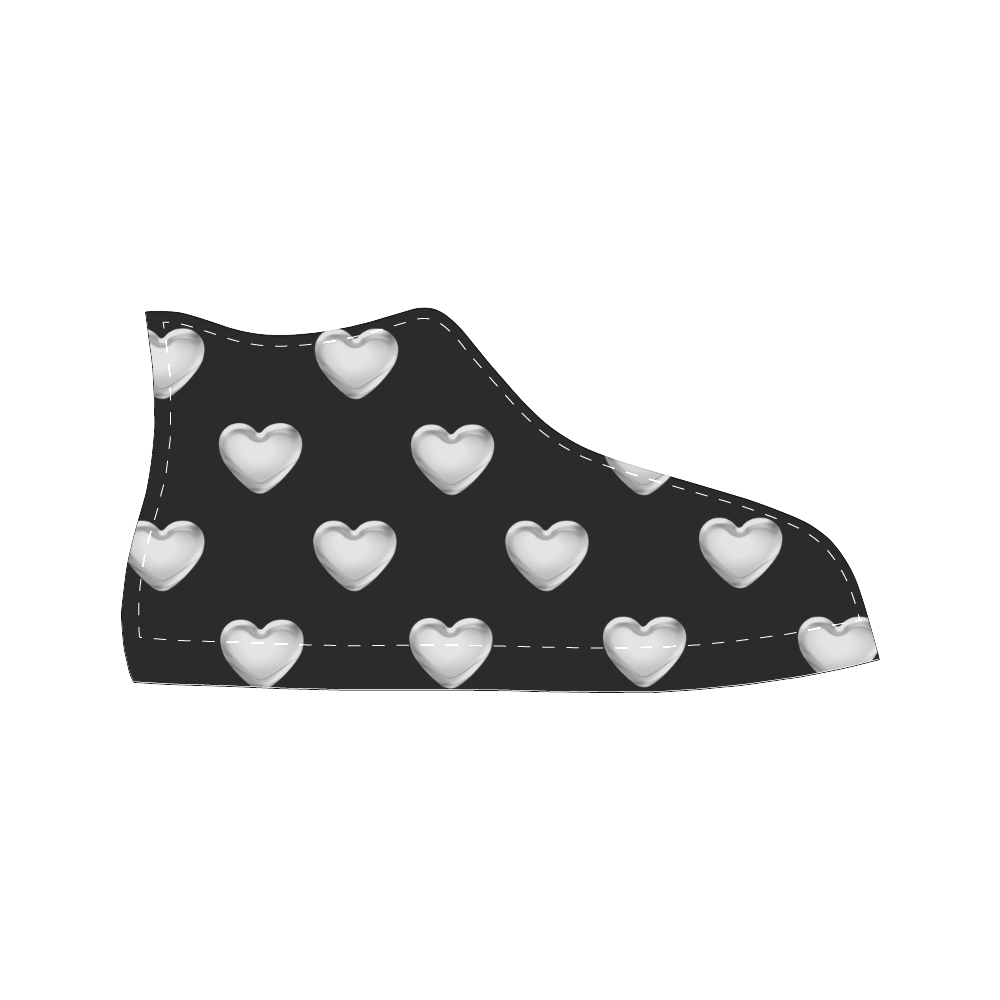 Silver 3-D Look Valentine Love Hearts on Black High Top Canvas Women's Shoes/Large Size (Model 017)