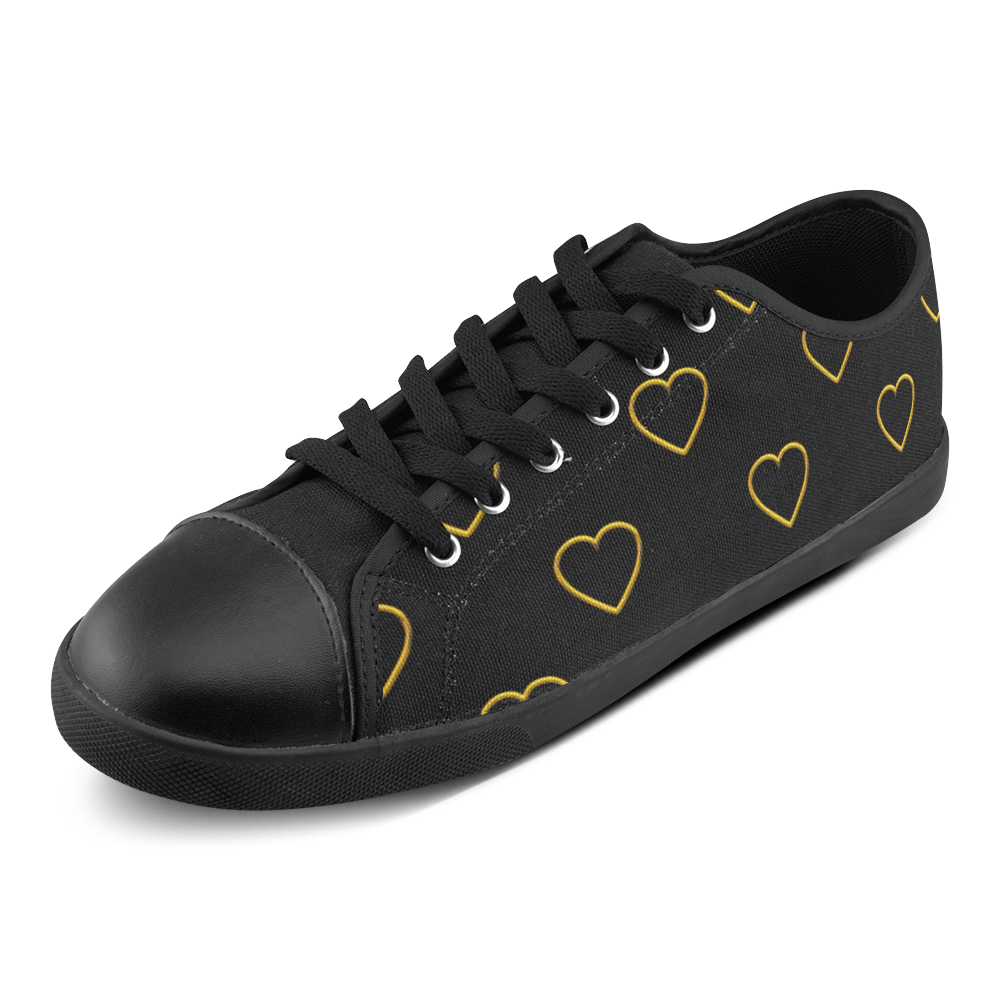 Golden Valentine Love Hearts on Black Canvas Shoes for Women/Large Size (Model 016)