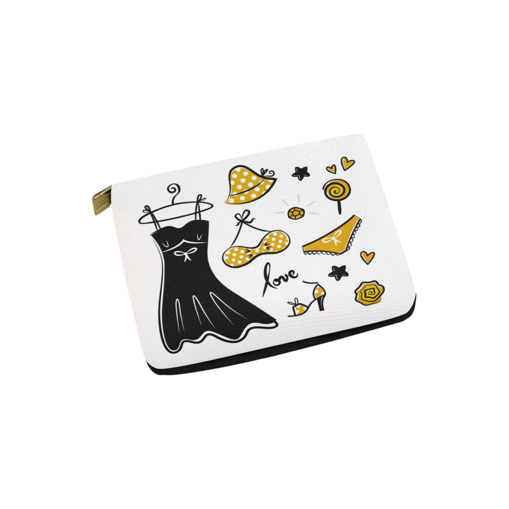 Stylish designers little bag with hand-drawn Art. Old yellow and black 60s edition Carry-All Pouch 6''x5''