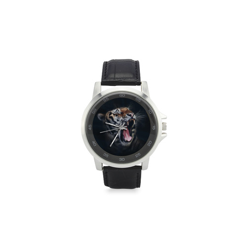 A painted glorious roaring Tiger Portrait Unisex Stainless Steel Leather Strap Watch(Model 202)