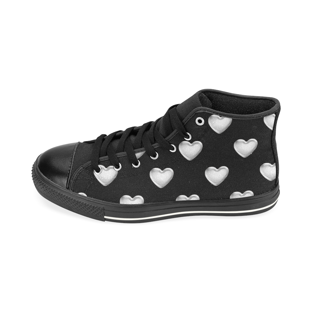 Silver 3-D Look Valentine Love Hearts on Black High Top Canvas Women's Shoes/Large Size (Model 017)