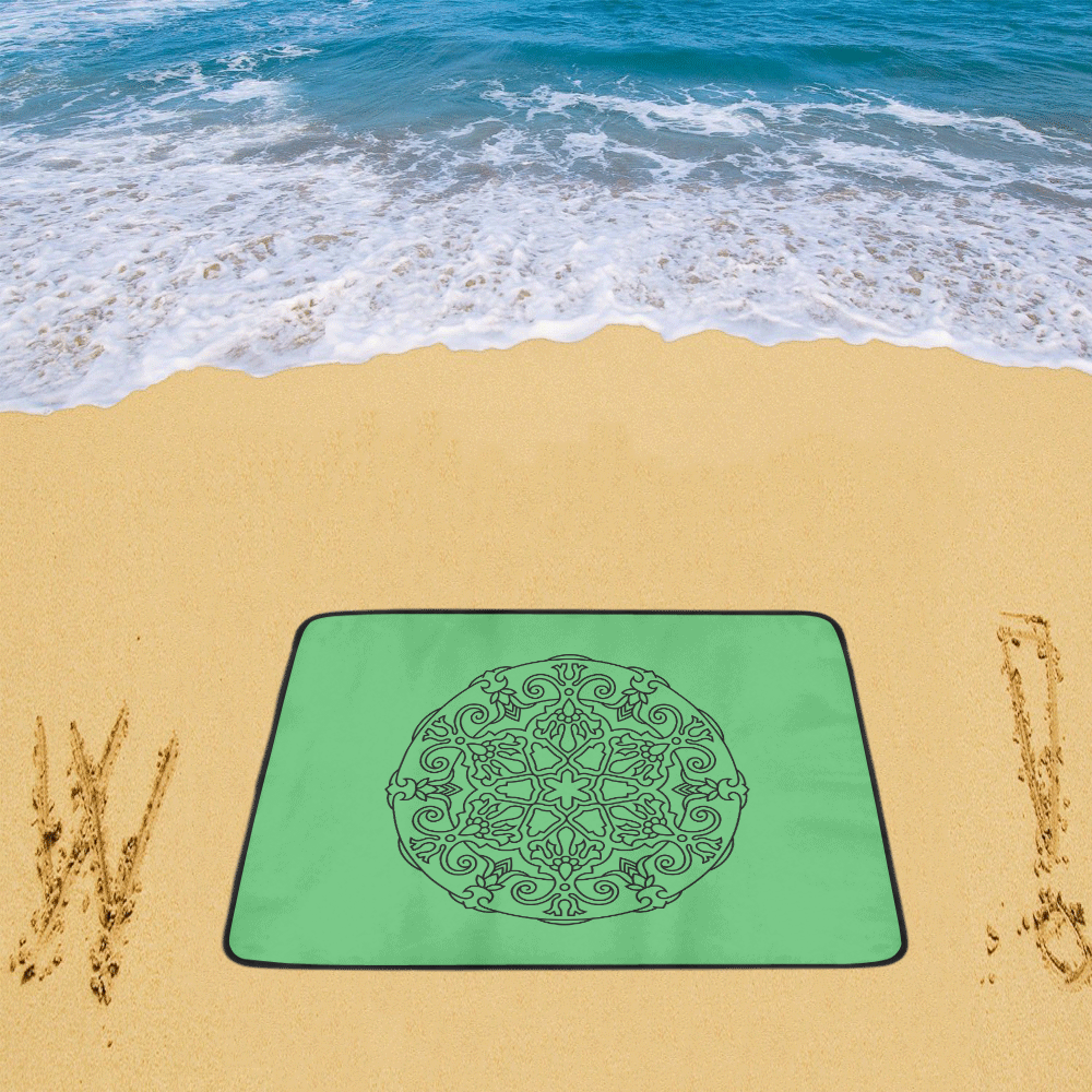 Designers beach pad with Mandala art / green, black Beach Mat 78"x 60"