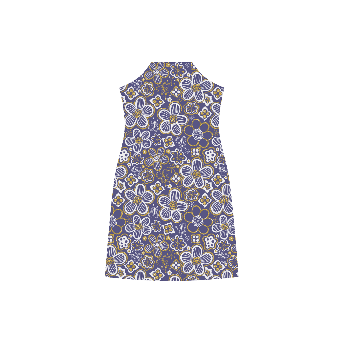navy blue gold white whimsical floral pattern V-Neck Open Fork Long Dress(Model D18)