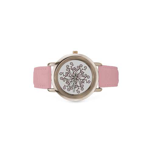 Designers watches with hand-drawn Mandala art. Pink edition Women's Rose Gold Leather Strap Watch(Model 201)