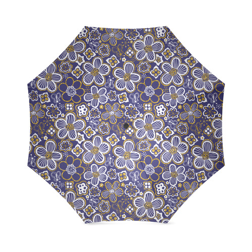 navy blue gold white whimsical floral pattern Foldable Umbrella (Model U01)