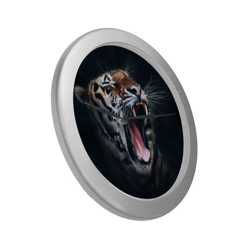 A painted glorious roaring Tiger Portrait Silver Color Wall Clock