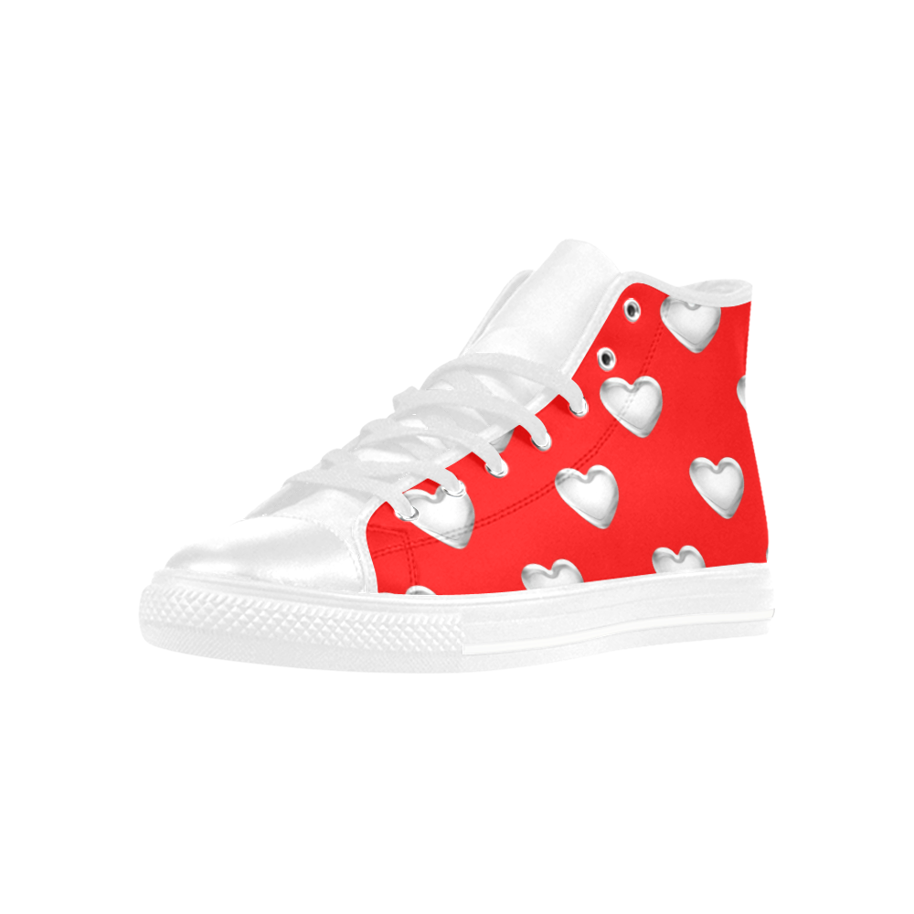 Silver 3-D Look Valentine Love Hearts on Red Aquila High Top Microfiber Leather Women's Shoes (Model 032)