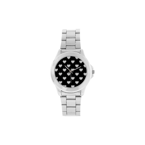 Silver 3-D Look Valentine Love Hearts on Black Unisex Stainless Steel Watch(Model 103)