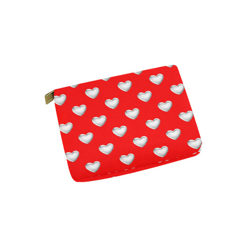 Silver 3-D Look Valentine Love Hearts on Red Carry-All Pouch 6''x5''