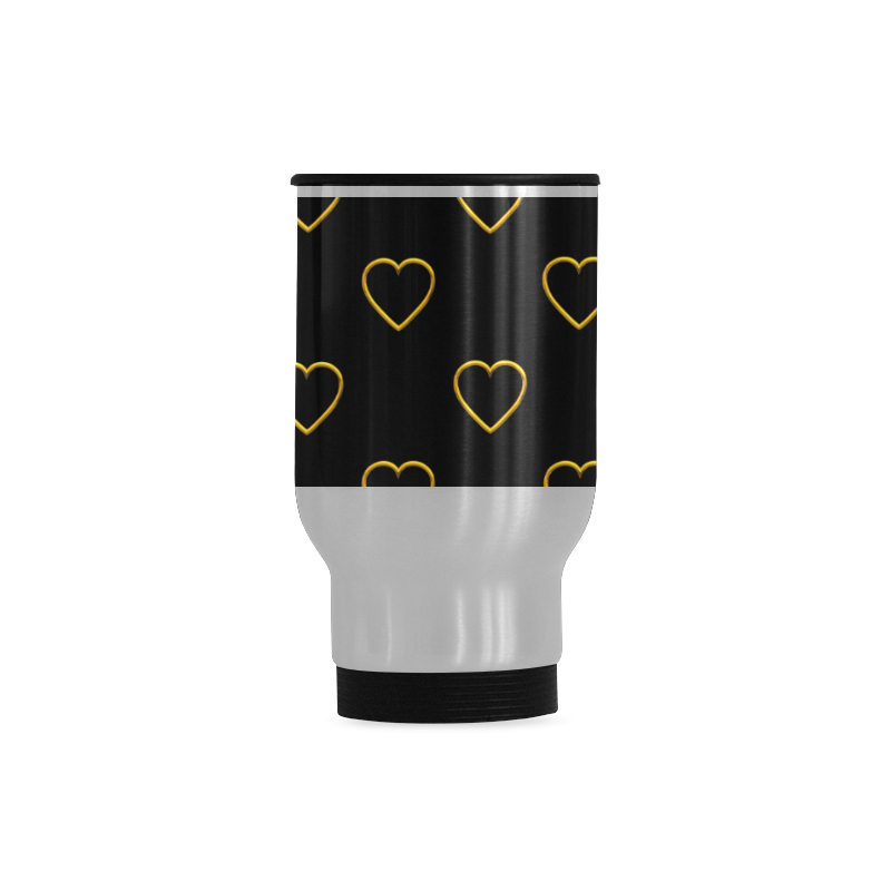 Golden Valentine Love Hearts on Black Travel Mug (Silver) (14 Oz)