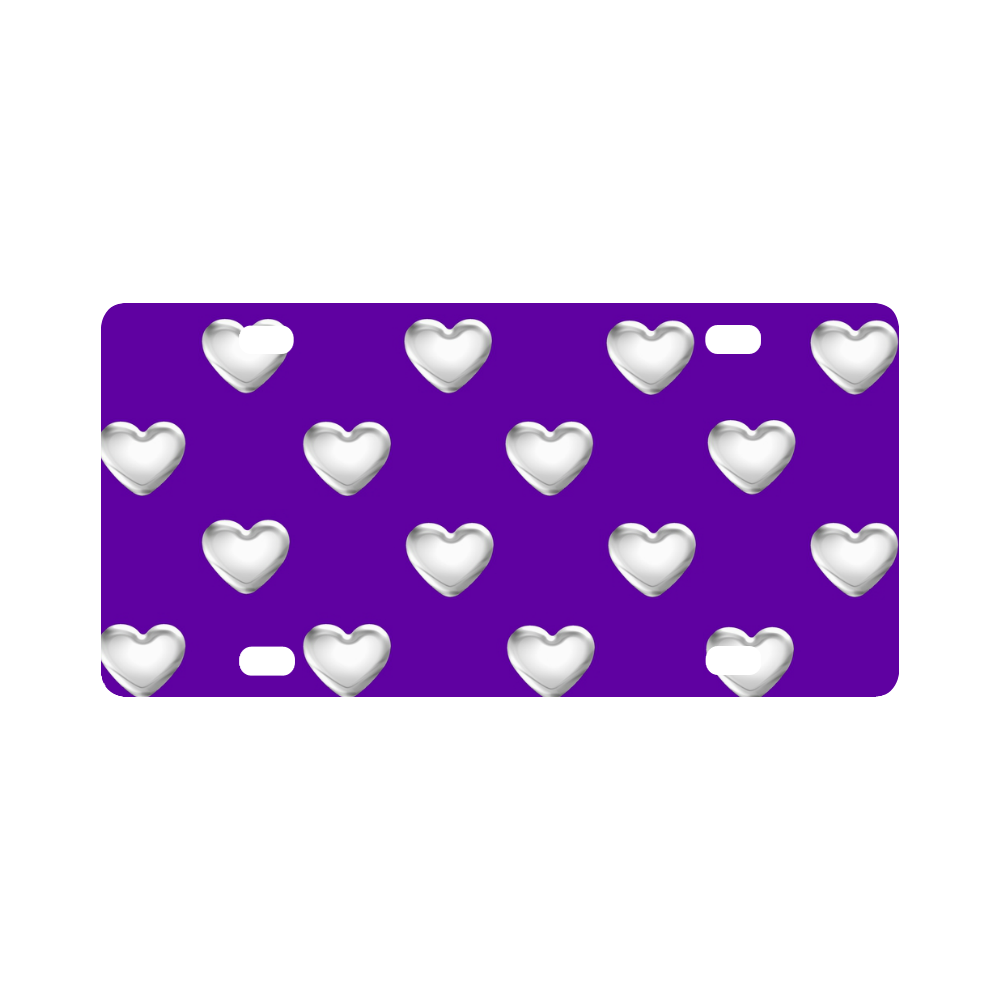 Silver 3-D Look Valentine Love Hearts on Purple Classic License Plate