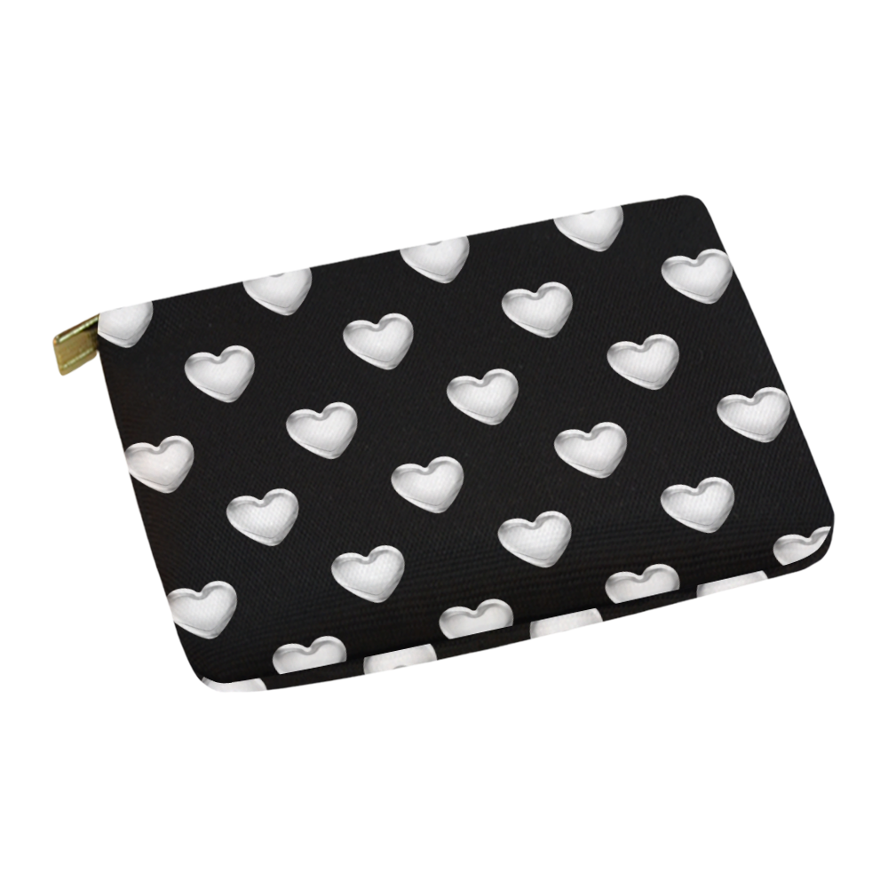 Silver 3-D Look Valentine Love Hearts on Black Carry-All Pouch 12.5''x8.5''