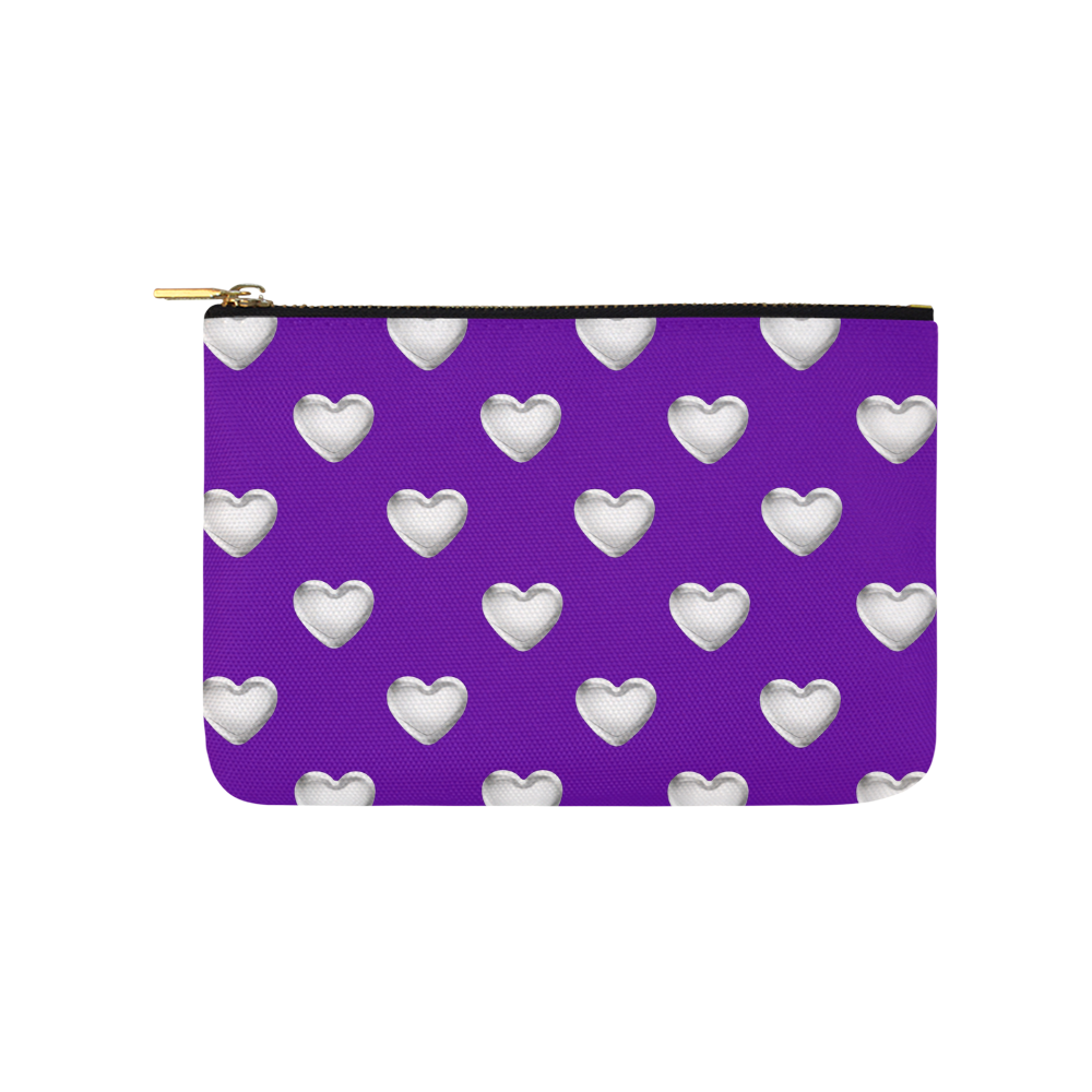 Silver 3-D Look Valentine Love Hearts on Purple Carry-All Pouch 9.5''x6''