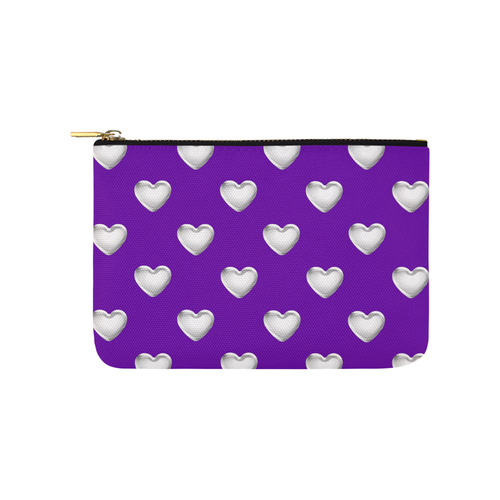 Silver 3-D Look Valentine Love Hearts on Purple Carry-All Pouch 9.5''x6''