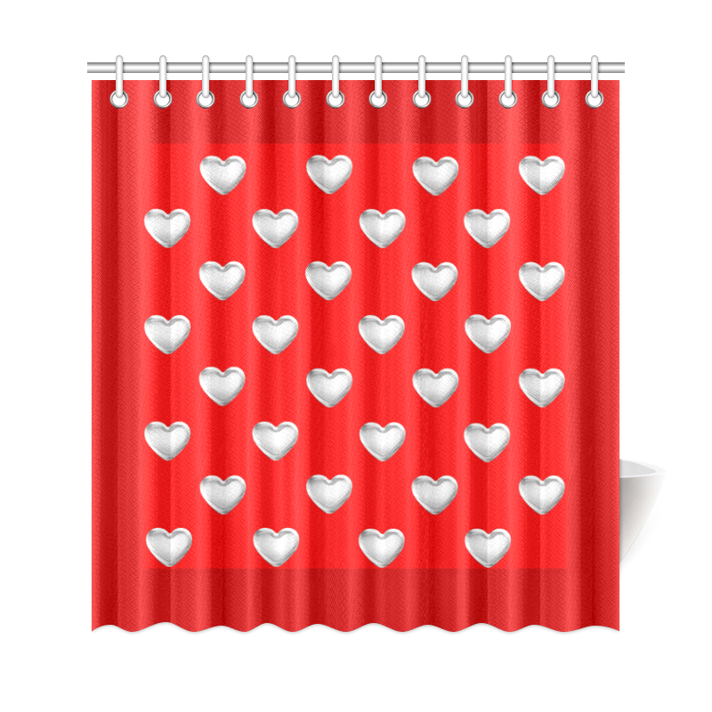 Silver 3-D Look Valentine Love Hearts on Red Shower Curtain 69"x72"