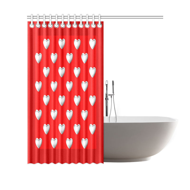 Silver 3-D Look Valentine Love Hearts on Red Shower Curtain 69"x70"