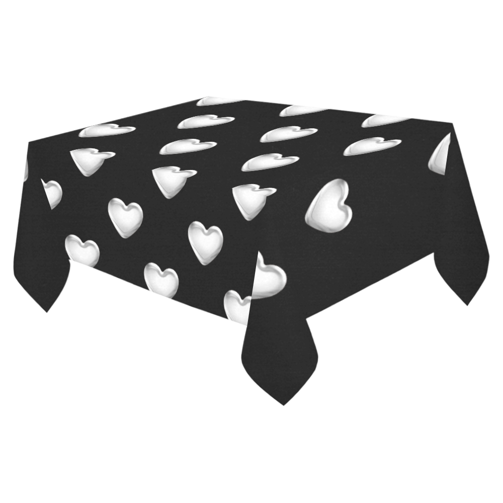 Silver 3-D Look Valentine Love Hearts on Black Cotton Linen Tablecloth 52"x 70"