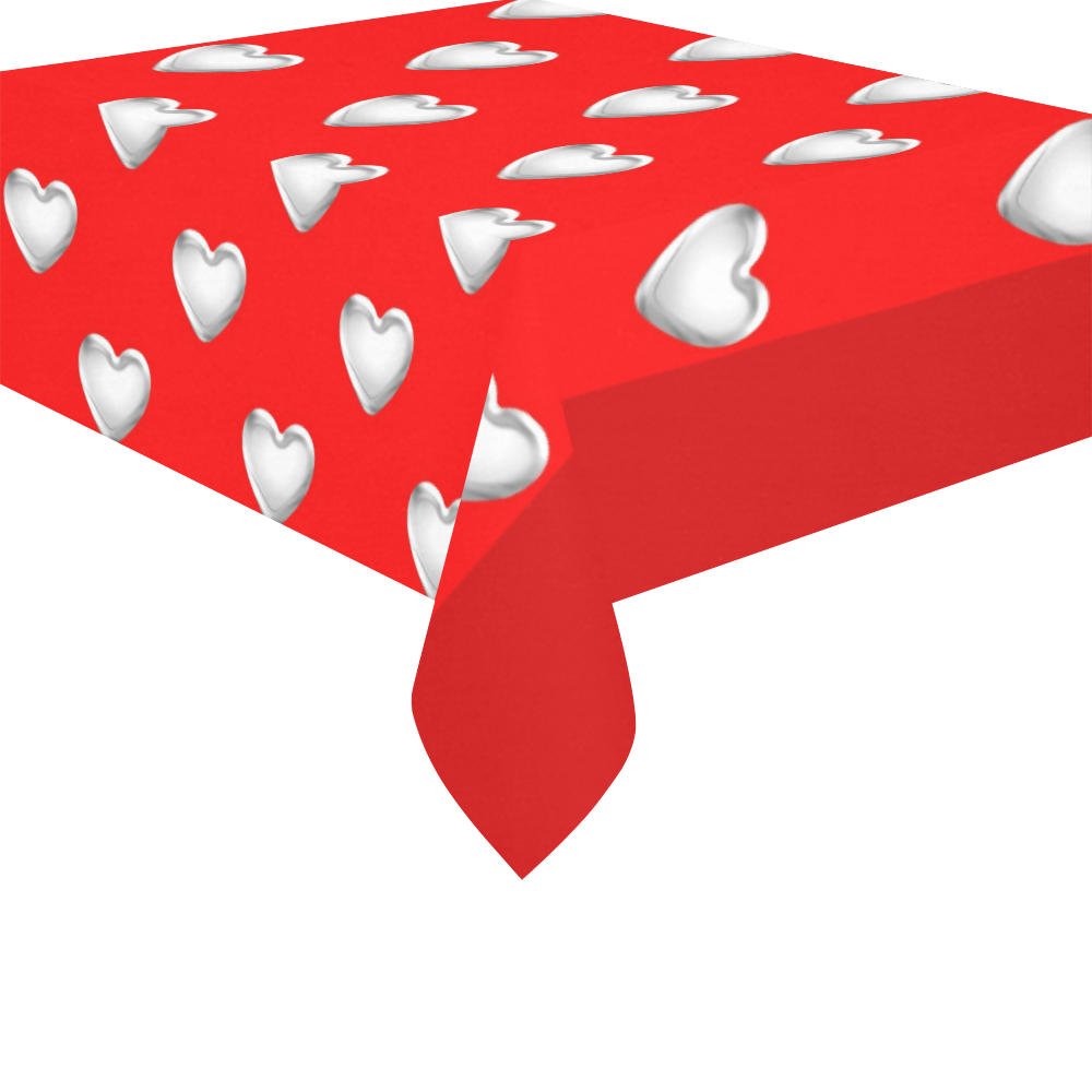 Silver 3-D Look Valentine Love Hearts on Red Cotton Linen Tablecloth 52"x 70"