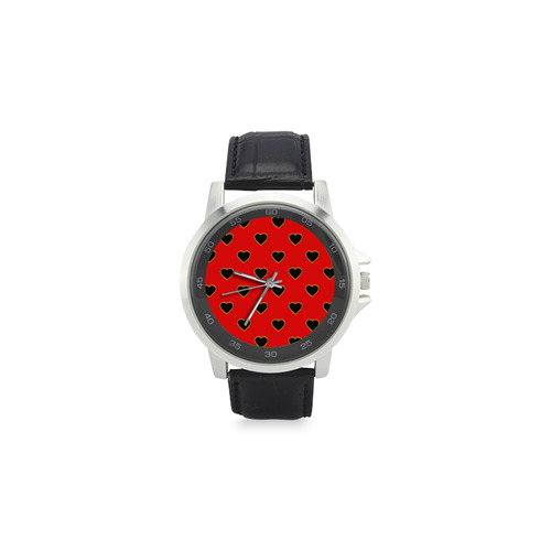 Black Valentine Love Hearts on Red Unisex Stainless Steel Leather Strap Watch(Model 202)
