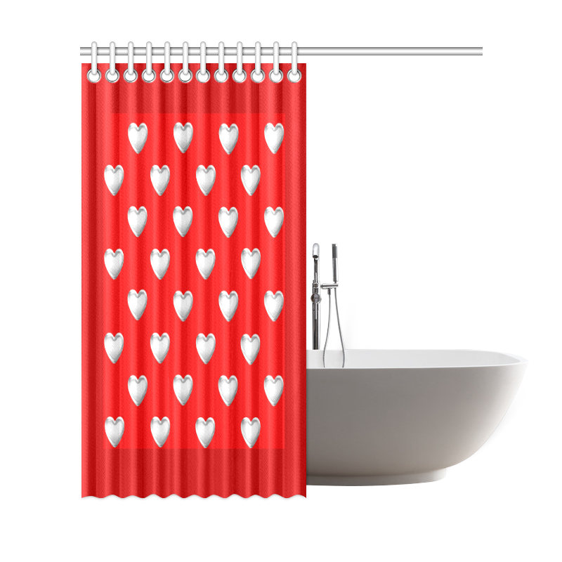 Silver 3-D Look Valentine Love Hearts on Red Shower Curtain 69"x72"