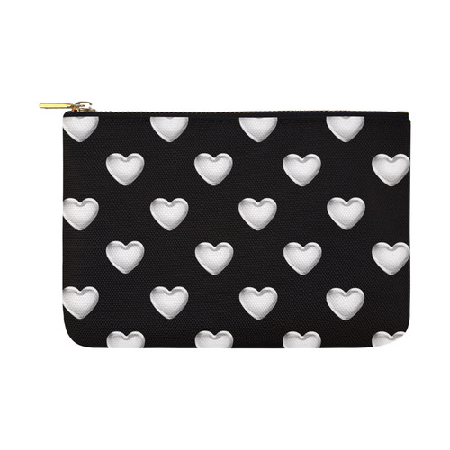 Silver 3-D Look Valentine Love Hearts on Black Carry-All Pouch 12.5''x8.5''