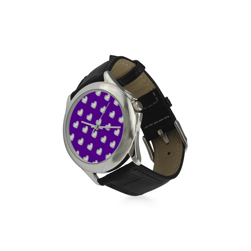 Silver 3-D Look Valentine Love Hearts on Purple Women's Classic Leather Strap Watch(Model 203)
