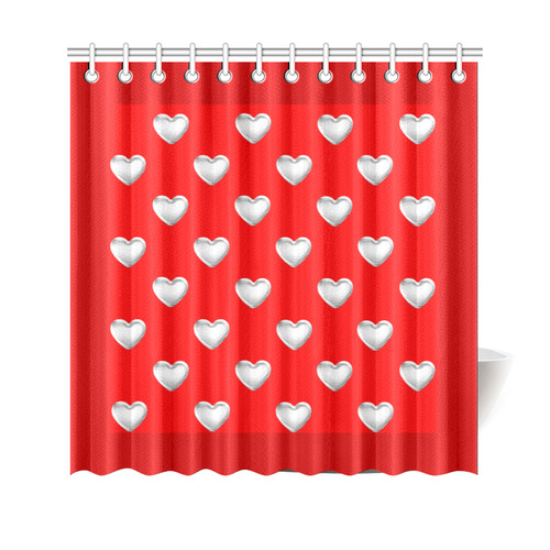 Silver 3-D Look Valentine Love Hearts on Red Shower Curtain 69"x70"