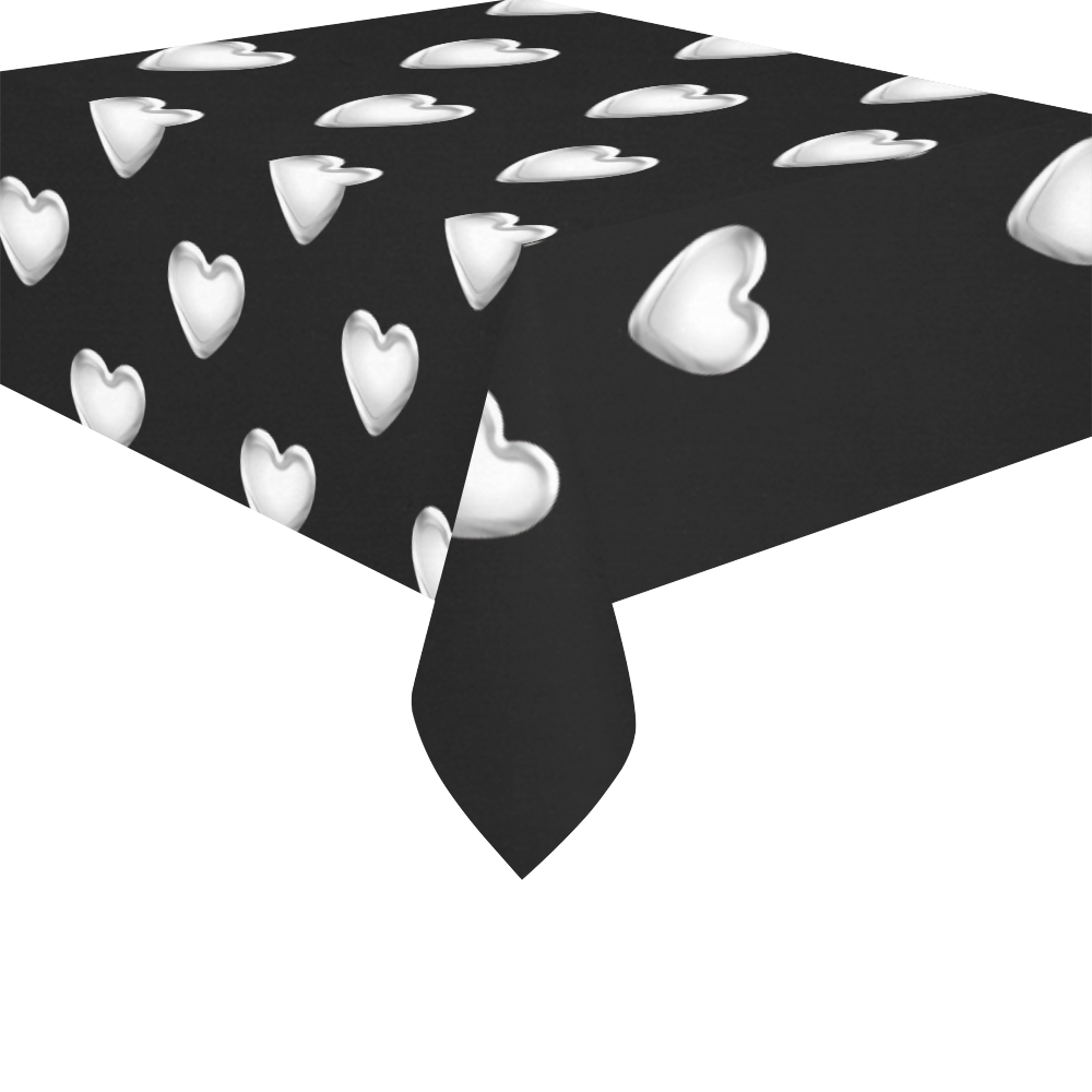 Silver 3-D Look Valentine Love Hearts on Black Cotton Linen Tablecloth 52"x 70"