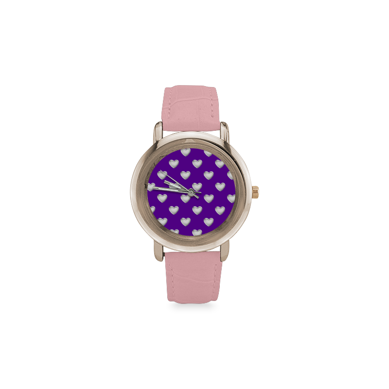 Silver 3-D Look Valentine Love Hearts on Purple Women's Rose Gold Leather Strap Watch(Model 201)