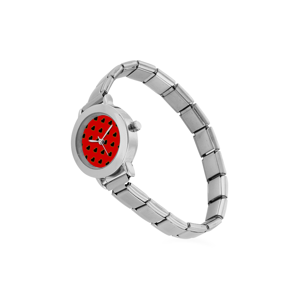 Black Valentine Love Hearts on Red Women's Italian Charm Watch(Model 107)