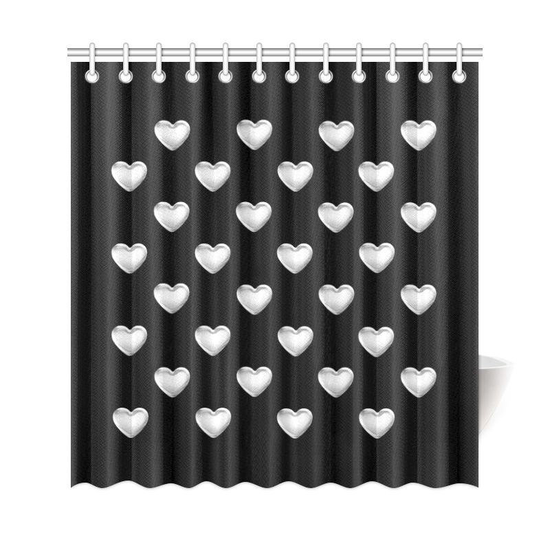 Silver 3-D Look Valentine Love Hearts on Black Shower Curtain 69"x72"