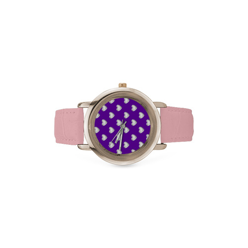 Silver 3-D Look Valentine Love Hearts on Purple Women's Rose Gold Leather Strap Watch(Model 201)