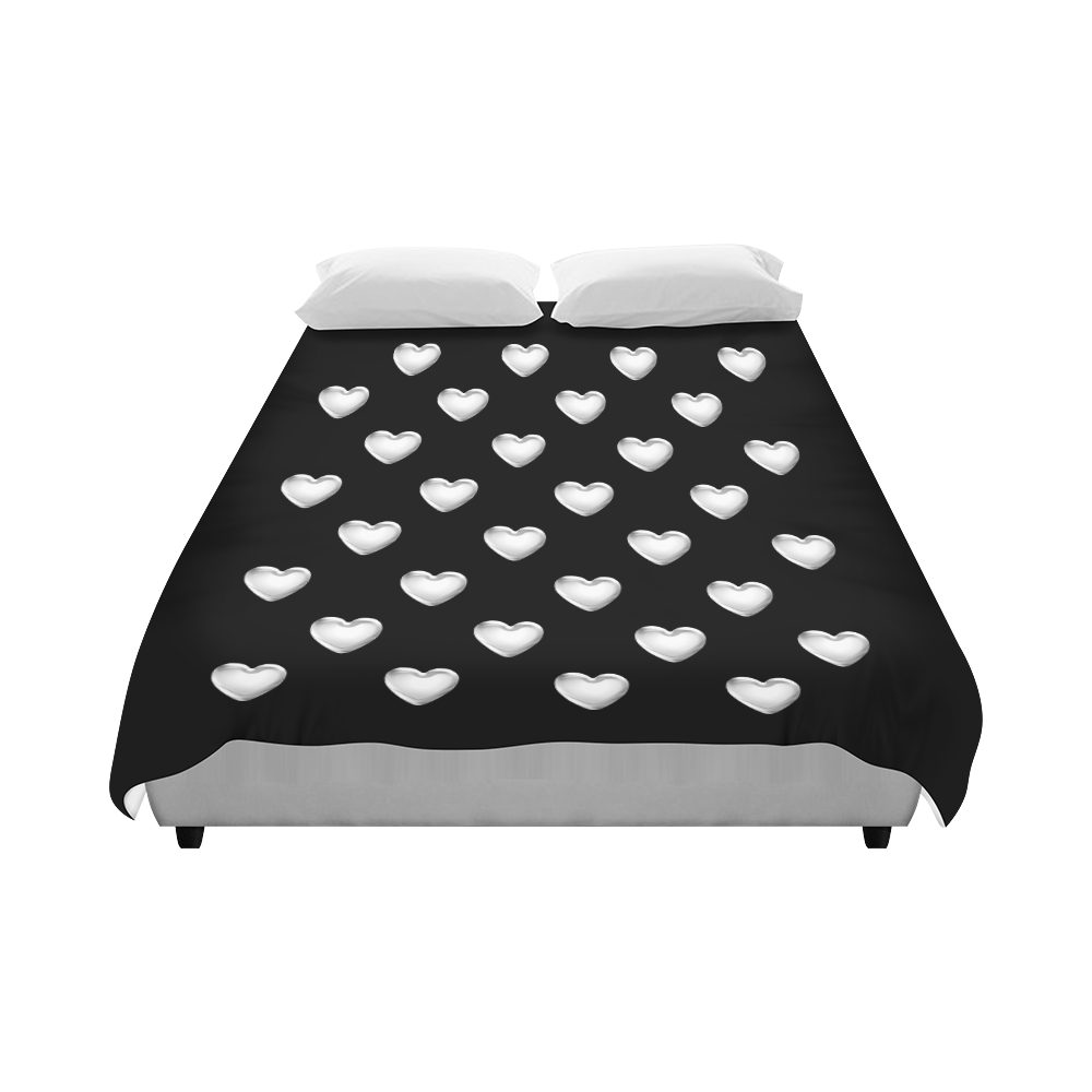 Silver 3-D Look Valentine Love Hearts on Black Duvet Cover 86"x70" ( All-over-print)