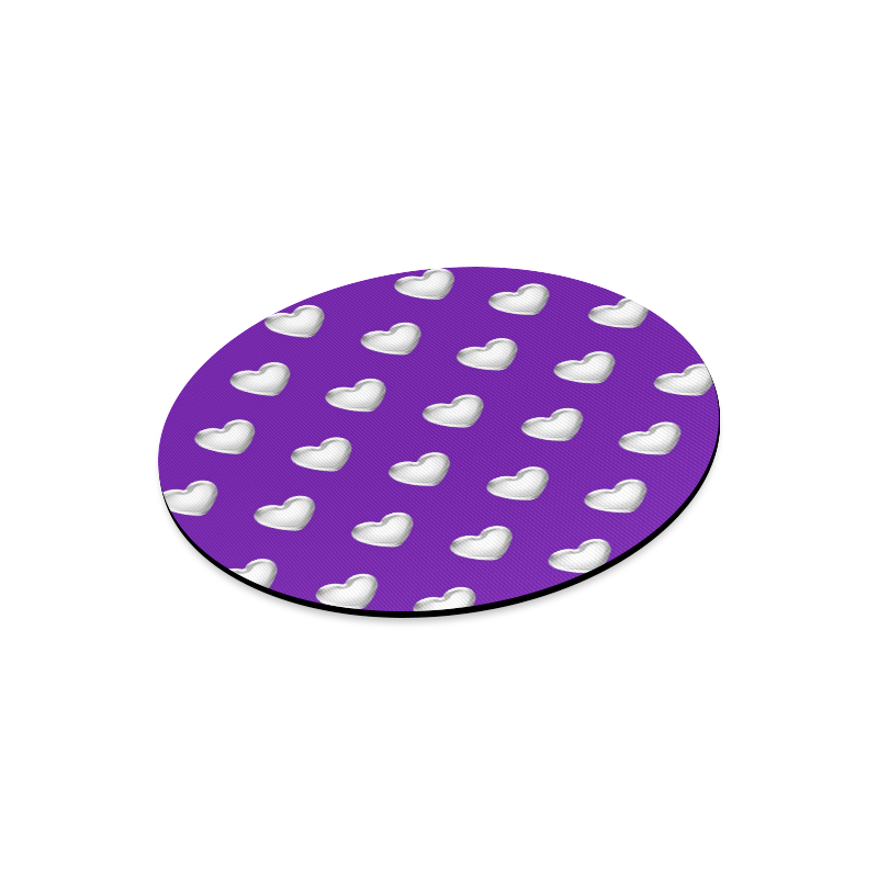 Silver 3-D Look Valentine Love Hearts on Purple Round Mousepad