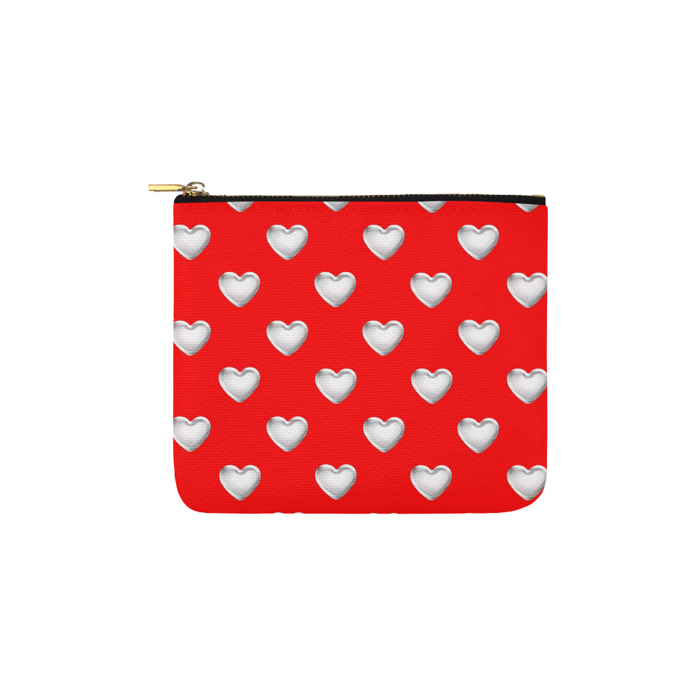 Silver 3-D Look Valentine Love Hearts on Red Carry-All Pouch 6''x5''