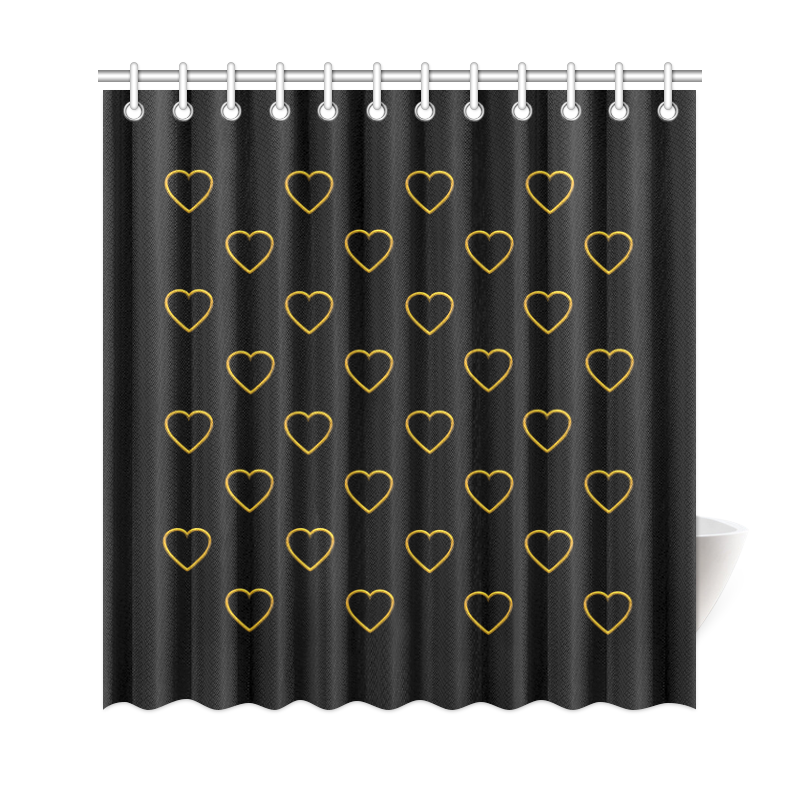 Golden Valentine Love Hearts on Black Shower Curtain 69"x72"