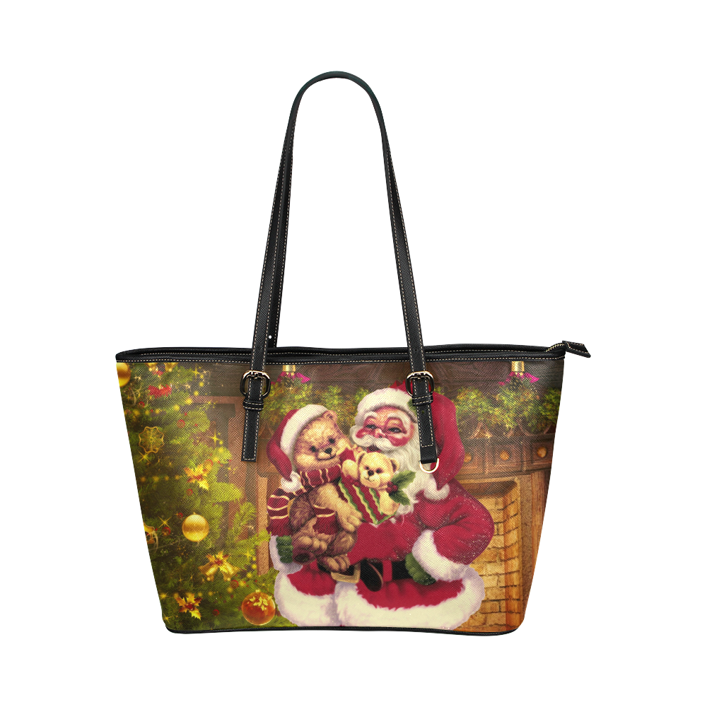 A cute Santa Claus with many gifts Leather Tote Bag/Large (Model 1651)