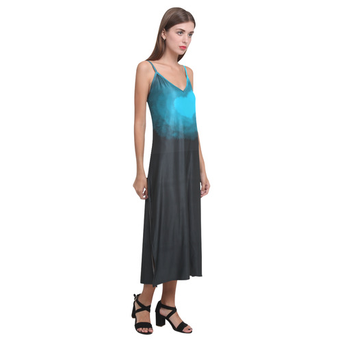 Blue Fluffy Heart V-Neck Open Fork Long Dress(Model D18)