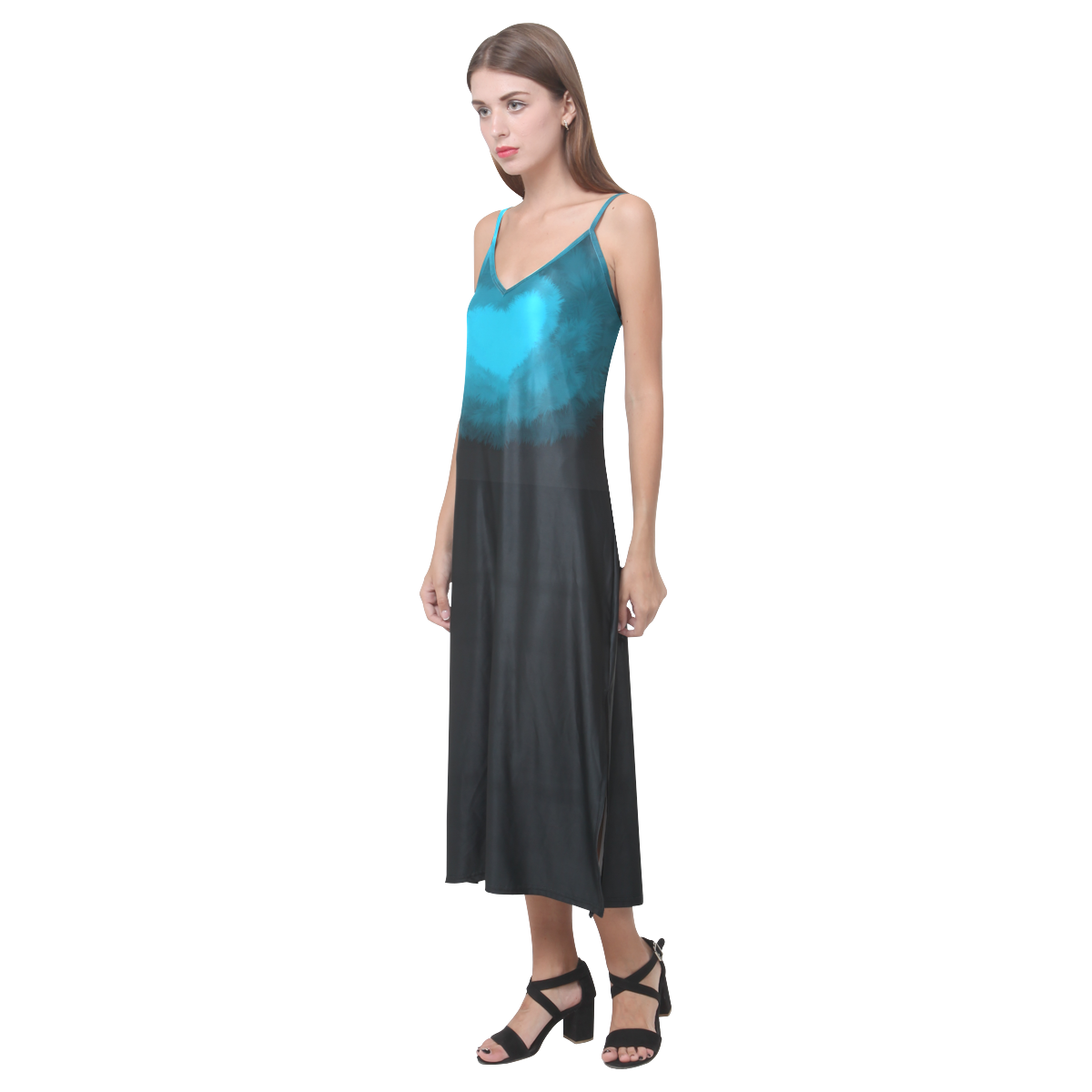 Blue Fluffy Heart V-Neck Open Fork Long Dress(Model D18)