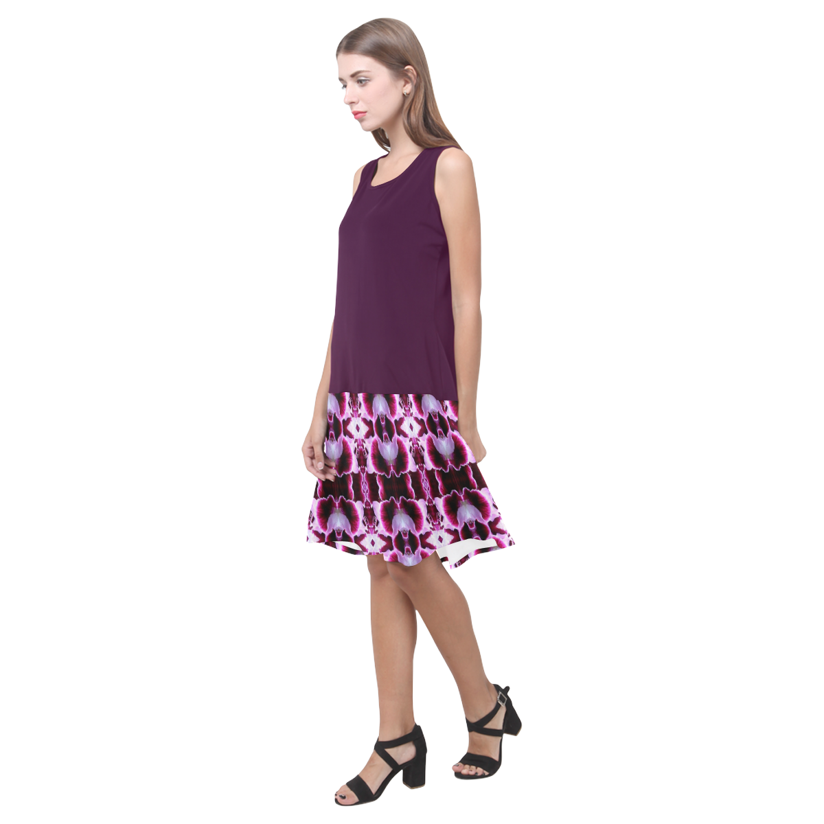 Purple White Flower Abstract Pattern Sleeveless Splicing Shift Dress(Model D17)
