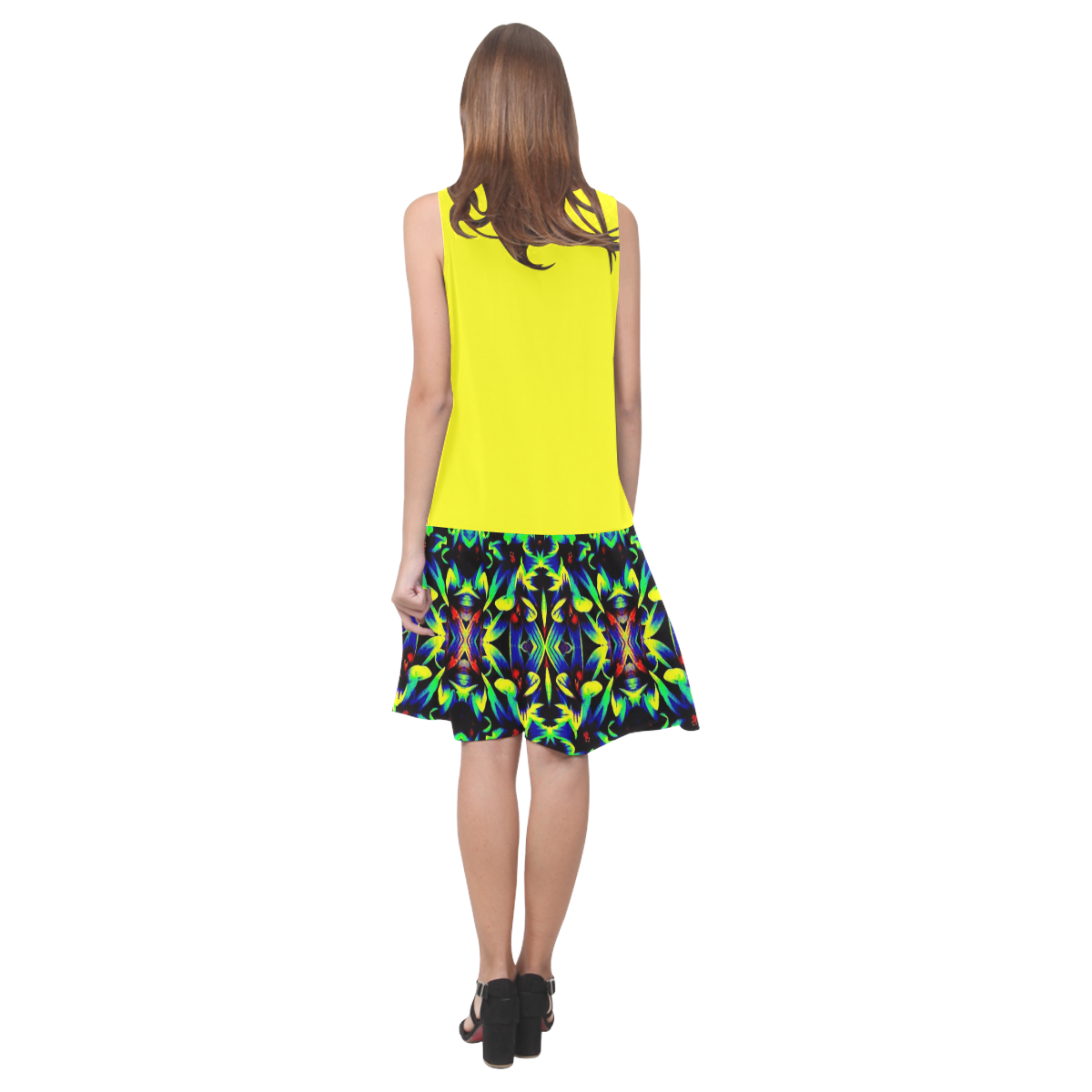 Cool Green Blue Yellow Design Sleeveless Splicing Shift Dress(Model D17)