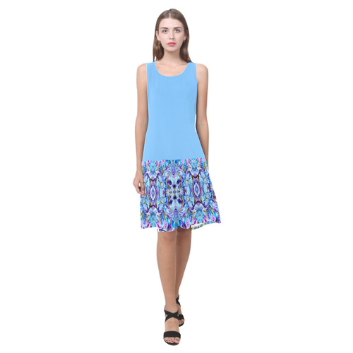 Elegant Turquoise Blue Flower Pattern Sleeveless Splicing Shift Dress(Model D17)