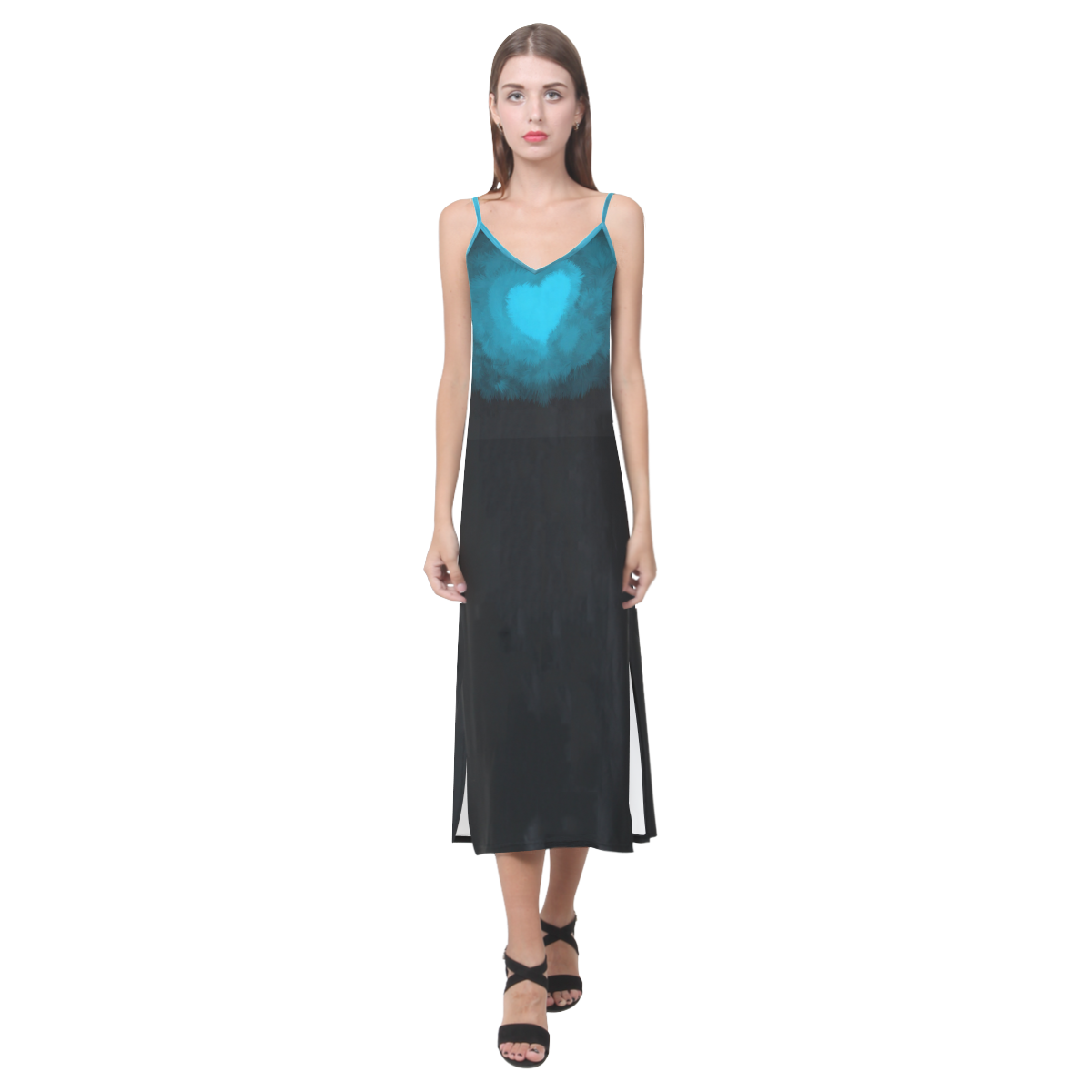 Blue Fluffy Heart V-Neck Open Fork Long Dress(Model D18)