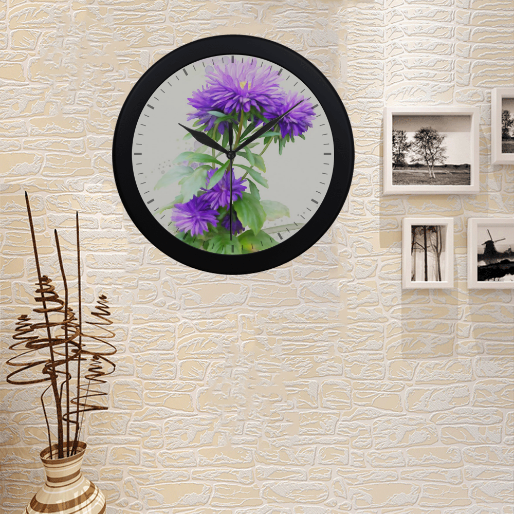 Purple Garden Flowers, watercolors with signature Circular Plastic Wall clock