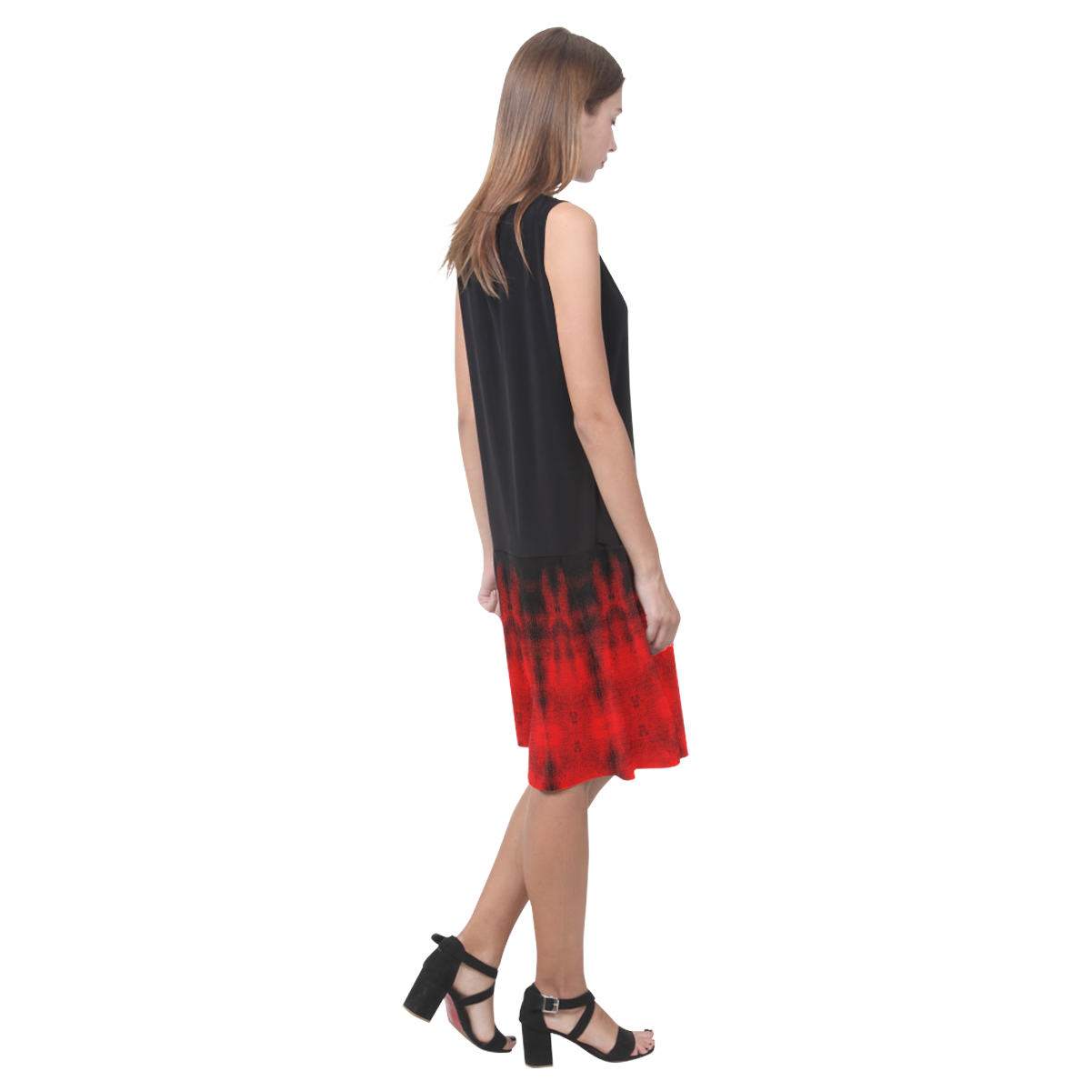 Red Black Gothic Pattern Sleeveless Splicing Shift Dress(Model D17)