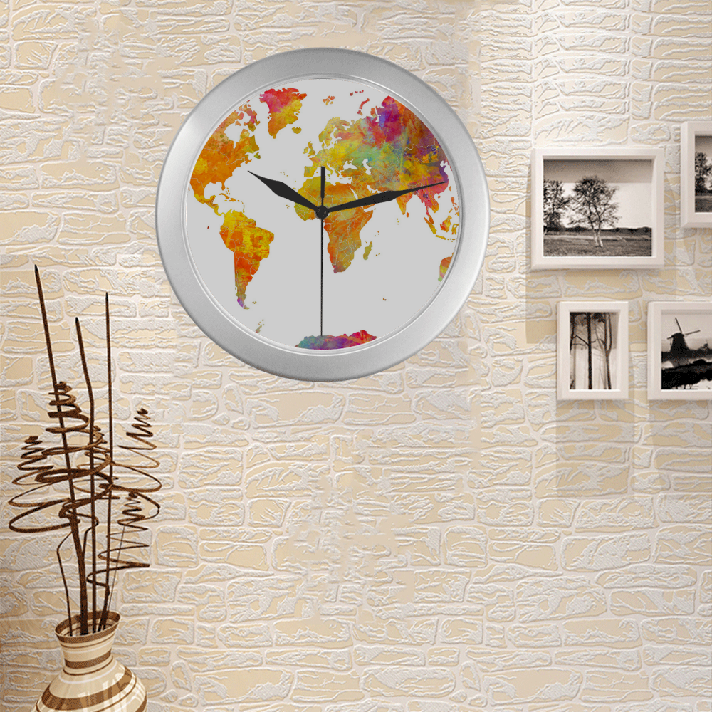 world map Silver Color Wall Clock