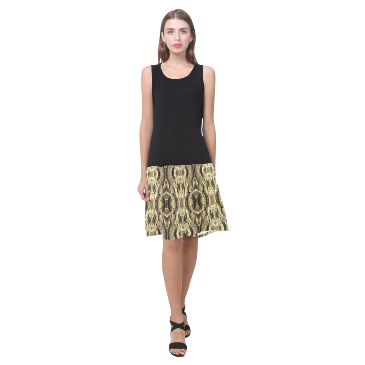 Gold Fabric Pattern Design Sleeveless Splicing Shift Dress(Model D17)