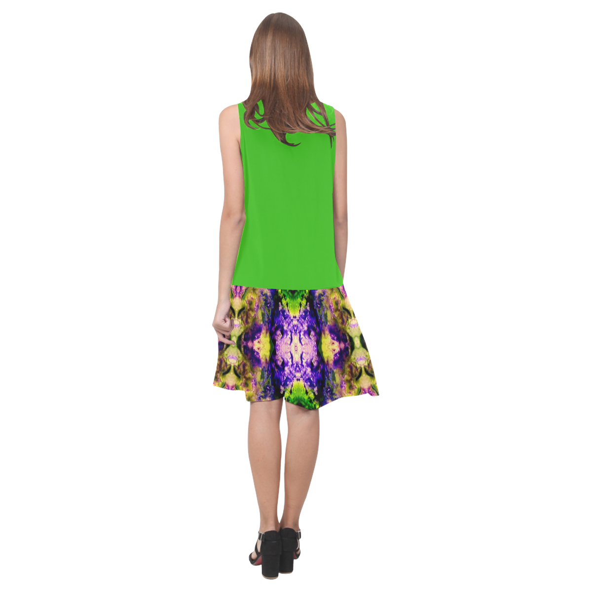 Green,Purple Yellow ,Goa Pattern Sleeveless Splicing Shift Dress(Model D17)