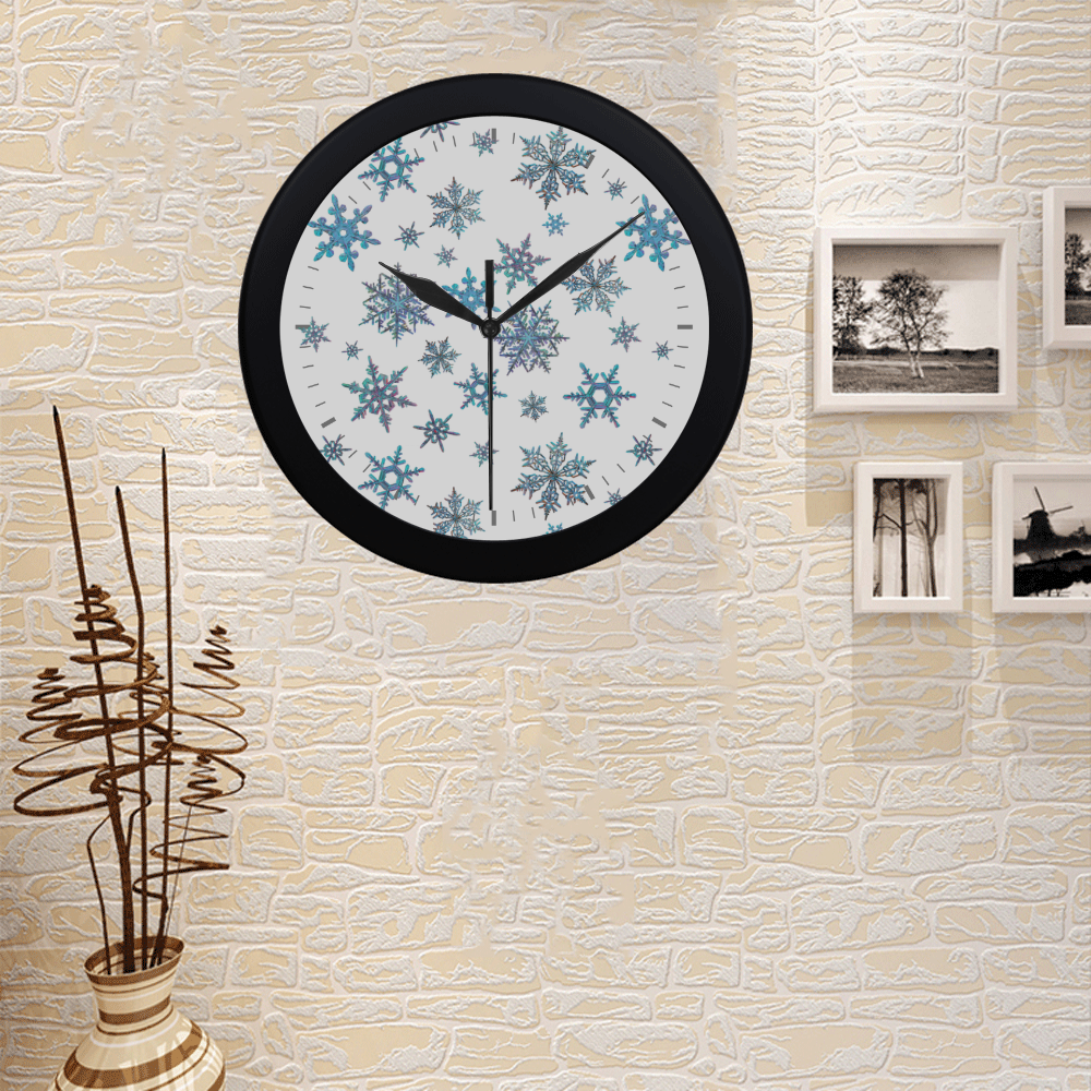 Snowflakes, Blue snow, stitched design Circular Plastic Wall clock
