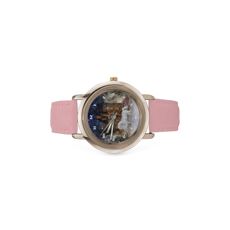 Christmas time A Horse in a dreamy Winterlandscape Women's Rose Gold Leather Strap Watch(Model 201)